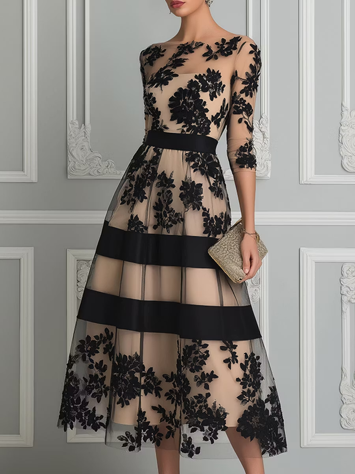 Elegant Black Lace A-Line Midi Dress