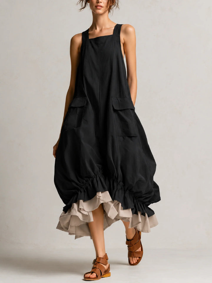 ARA | BLACK BOHO RUFFLED BUBBLE MIDI DRESS