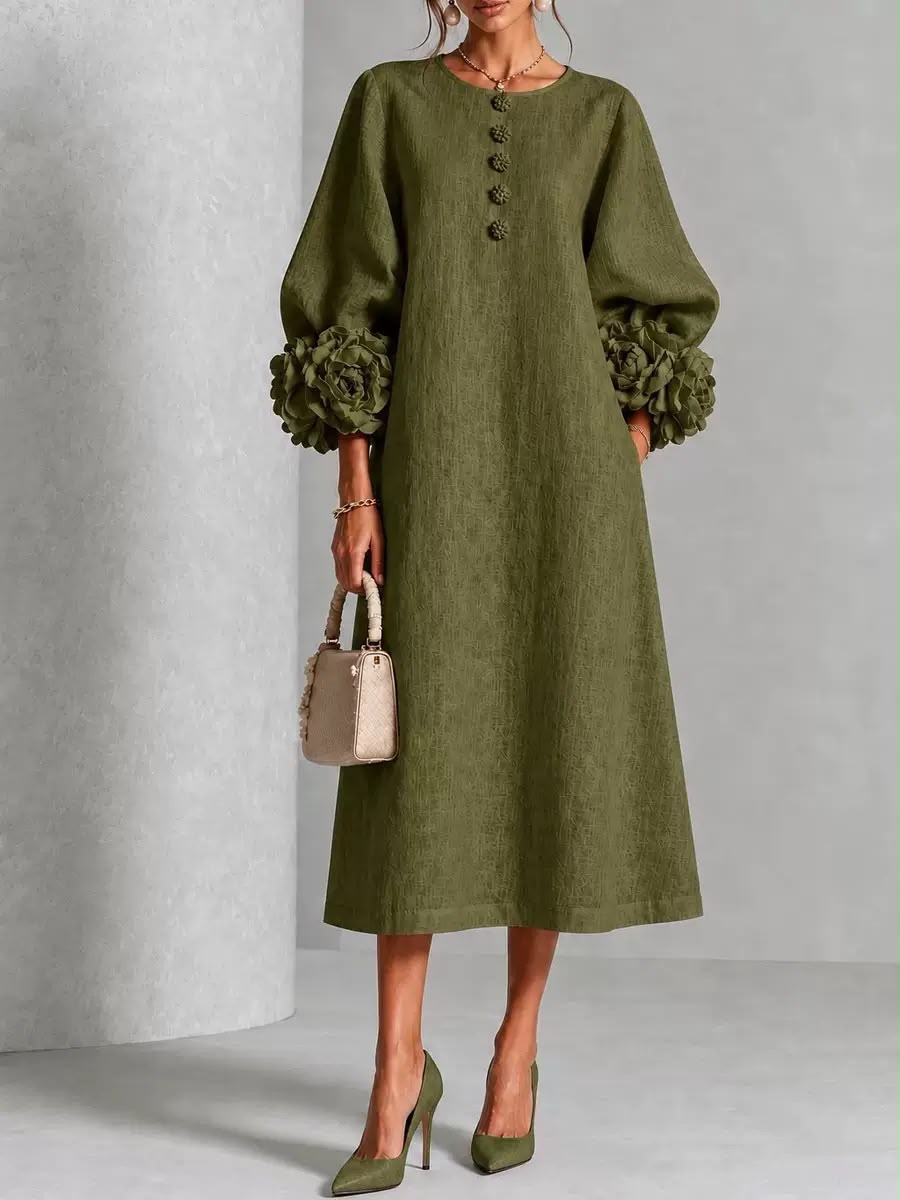 Rosélia – Floral Midi Dress with Delicate Buttons