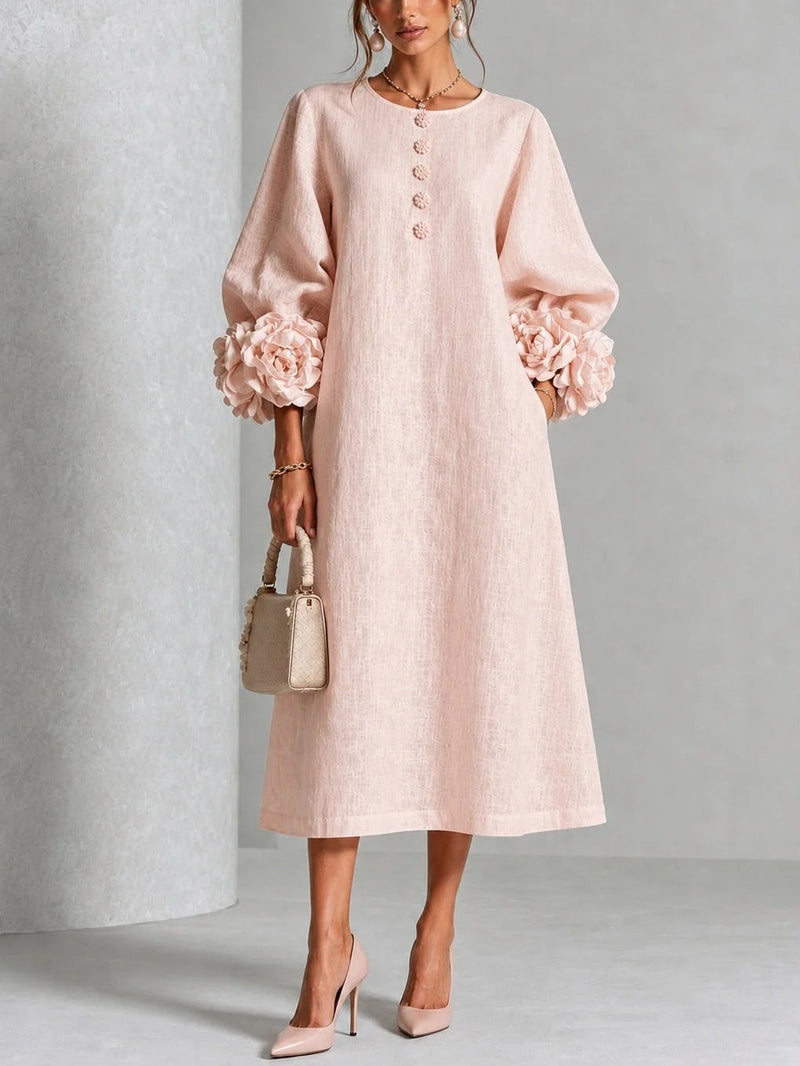 Rosélia – Floral Midi Dress with Delicate Buttons