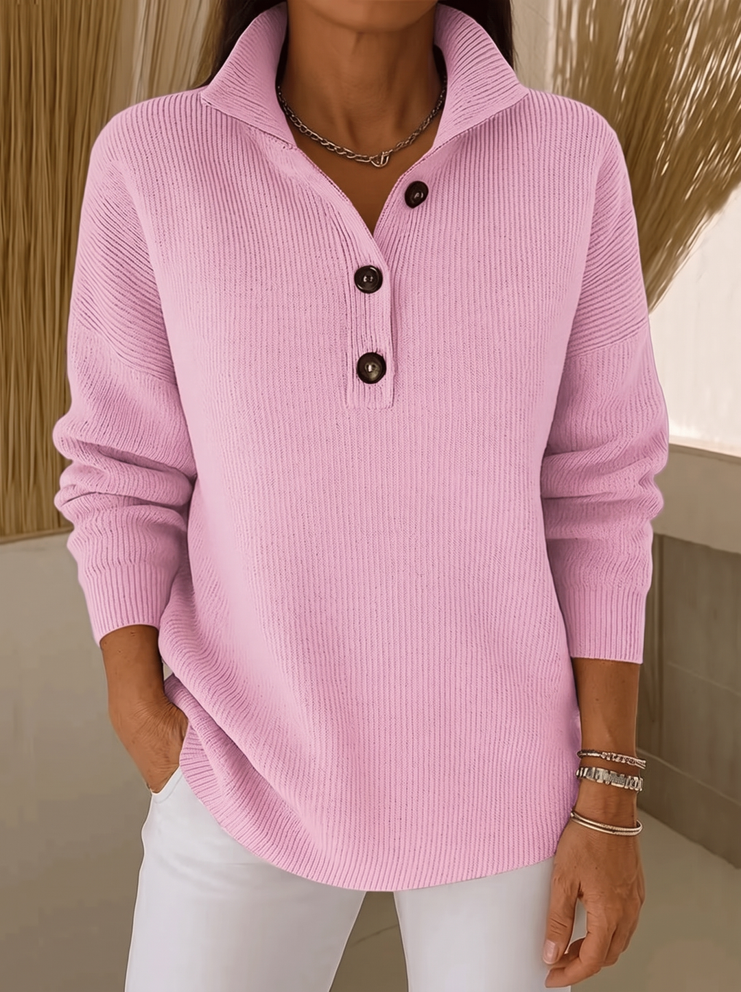 Women's Ribbed V-Neck Polo Sweater